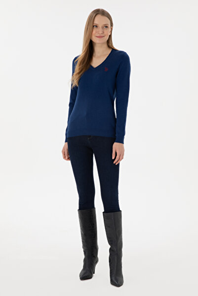 U.S. Polo Assn. Pulover de bază Indigo cu decolteu în V pentru femei 50293542 -VR028