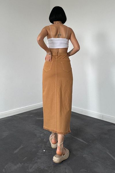 Moka Shopin Mokashopin Camel Gabardine Painted Tassel Skirt