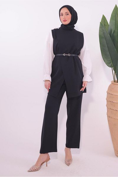 TRENDTESETTÜR Γυναικείο Μαύρο Ζώνη Παντελόνι Σετ T 0184