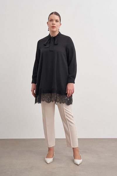 Aker Black Tunic with Lace Stripe and Lace Collar
