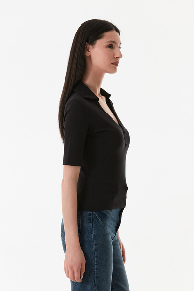 Fulla Moda Buttoned Front Polo Neck Lycra Blouse