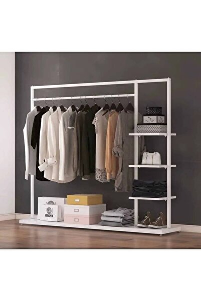 KORKMAZLAR EV DEKORASYON Metal Beyaz Raflı Ayaklı Elbise Askılığı Konfeksiyon...