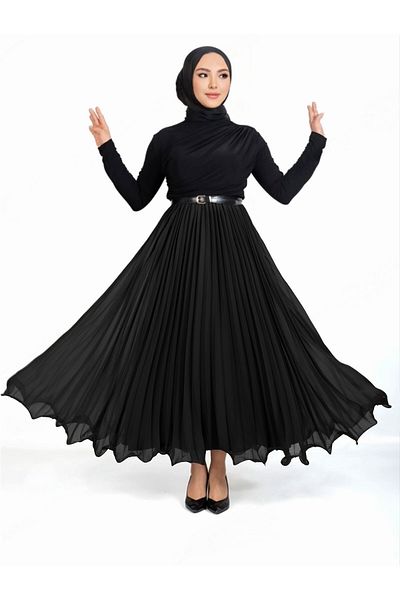 Modamorfo Flounced Elastic Waist Chiffon Pleated Skirt -Black
