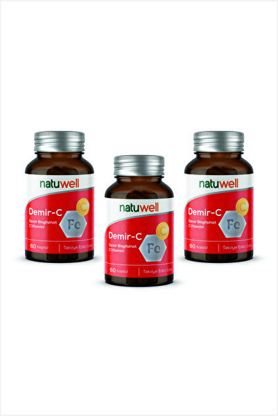 Natuwell 3'lü Natuwell Demir-C (Demir Bisglisinat + C Vitamini) 60 Kaps*3
