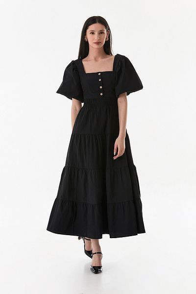 Fulla Moda Φόρεμα με μανίκια με μπαλόνι και ελαστική μέση με χαμηλή πλάτη