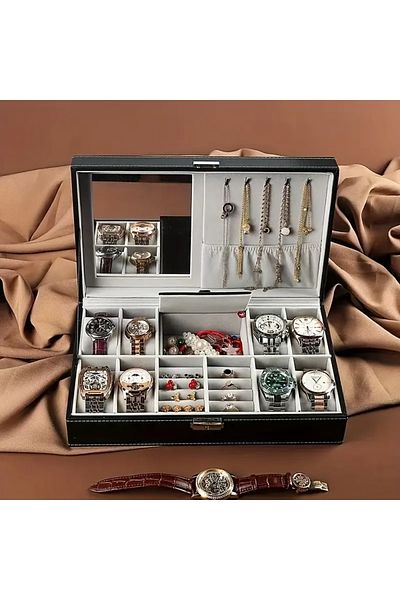 Homebiente Чанта за часовници и бижута Jewelbag от изкуствена кожа, черна, с огледало, 30,5x20 см