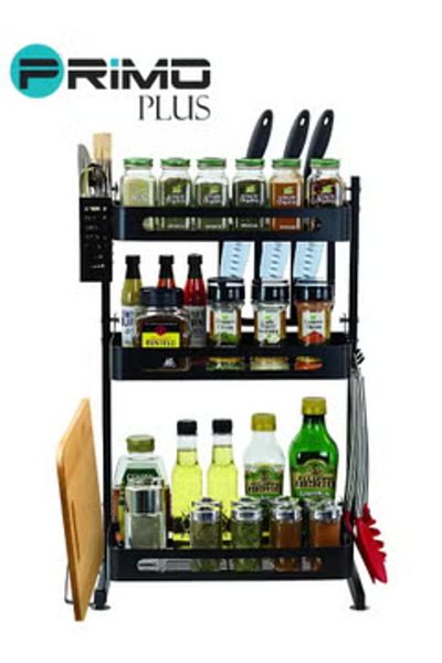 Primo Plus 3-Tier Spice Rack, Kitchen Spice Organizer with Knife and Cutting Board Holder, 4 Hooks