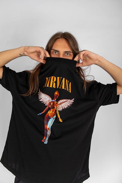 Sekizbiraltı Μπλουζάκι Nirvana Angel με στάμπα Oversize Unisex μαύρο μπλουζάκι