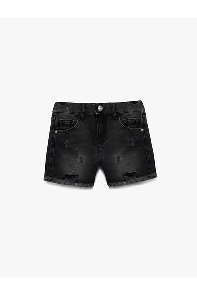 Koton Cotton Pocket Frayed Detailed High Waist Denim Shorts