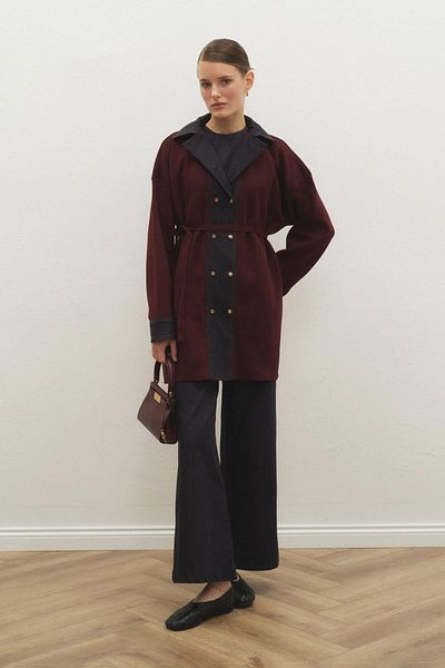 Hooopstore Denim Garni Detailed Mercerized Long Burgundy Cardigan