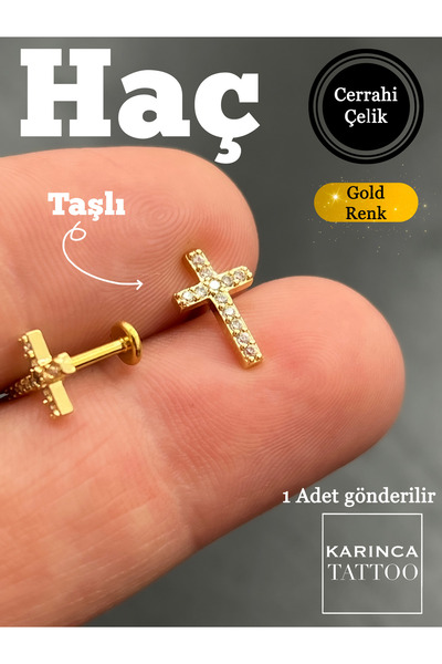 Karınca Piercing Gold Altın Rengi Haç Motifi Kulak Helix Flat Conch Labret Dudak Kulak Küpesi Tragus Taşlı Piercing