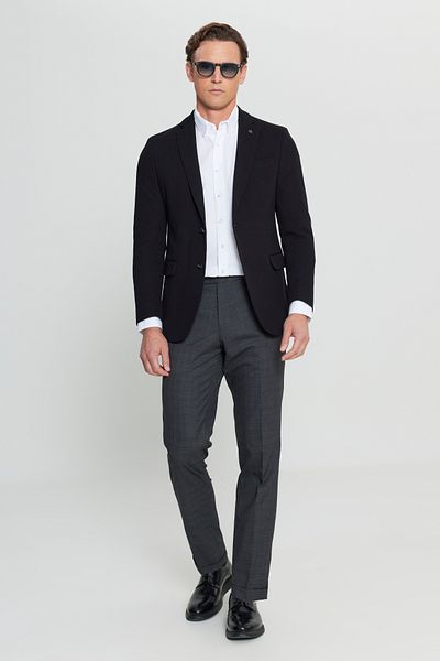 ALTINYILDIZ CLASSICS Ανδρικό μαύρο 360 Stretch All-Way Βαμβακερό εύκαμπτο παλτό με λεπτή εφαρμογή με μονό γιακά Dobby Blazer