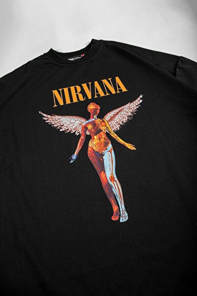 Sekizbiraltı Μπλουζάκι Nirvana Angel με στάμπα Oversize Unisex μαύρο μπλουζάκι