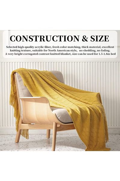 COOYA Knitted Throw Blankets, Warm Woven Blanket with Tassels for Couch Sofa  (130x170cm, Mustard Yellow)