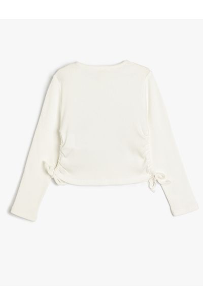 Koton Crop T-Shirt Long Sleeve Crew Neck Gathered Sides Tie-Up Bow Printed Cotton