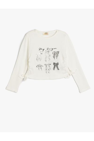 Koton Crop T-Shirt Long Sleeve Crew Neck Gathered Sides Tie-Up Bow Printed Cotton