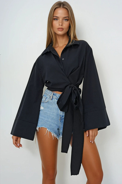 VAGGON Női fekete széles mandzsetta ujjú részletes nyakkendő elöl poplin ing Prmx13750