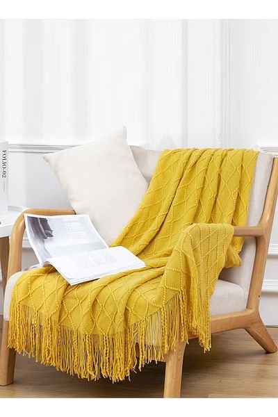 COOYA Knitted Throw Blankets, Warm Woven Blanket with Tassels for Couch Sofa  (130x170cm, Mustard Yellow)