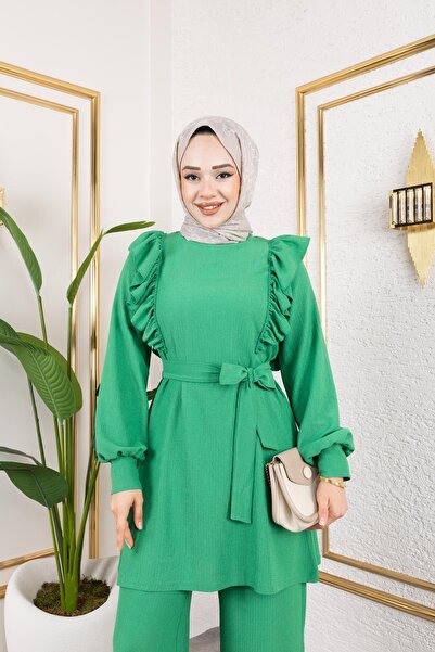 Moda Ebva Fırfır Detaylı Tesettür Takım-3131  yeşili