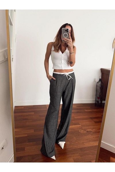 Maldia Shop Women's Double Waist Banded Wide Leg Laced Gray Trousers