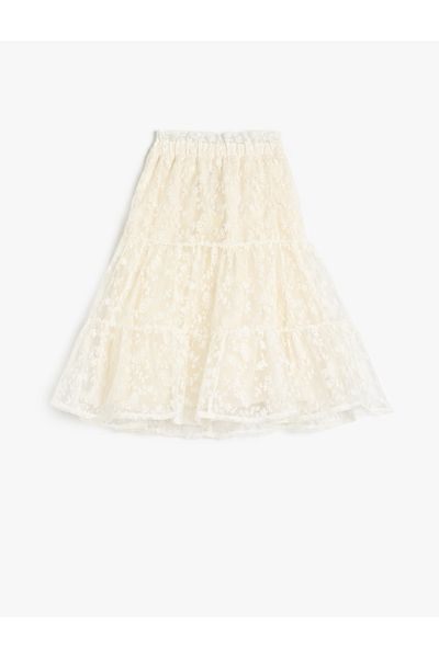 Koton Elastic Waist Lined Layered Midi Lace Tulle Skirt