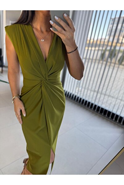 caddstore My 3698 Düğüm Detaylı Yağ Yeşili Kalem Elbise