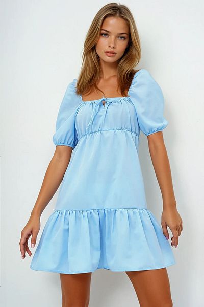 VAGGON Rochie mini din popelin cu mâneci cu balon, albastru baby, cu gât pătrat Prmx13594
