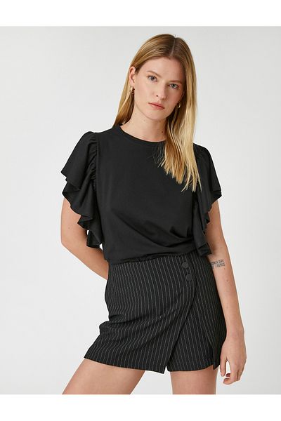 Koton Flounced Sleeves T-Shirt Crew Neck Cotton