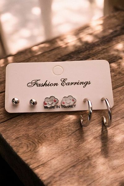 EUROMODA Silver Color Cloud Ring and Ball Earring 3-Piece Children's Teenager Earring Set
