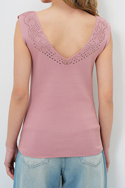 VAGGON Women's Powder Front Back V Neck Openwork Summer Knitwear Blouse Prmx13753