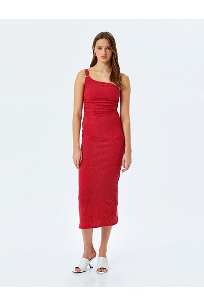 Koton Drape Detailed Slim Fit Midi Length One Shoulder Dress