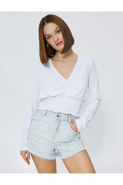 Koton Gipeli Crop Blouse V-Neck Long Sleeve