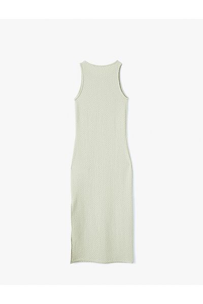 Koton Crew Neck Sleeveless Slit Textured Midi Length Pencil Dress