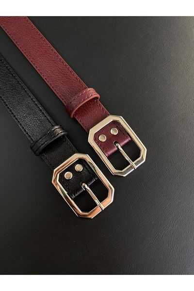 LİA KEMER 2-Piece Square Stitched Silver Buckle Belt Waist Belt Coat Belt Dress Belt Trouser Belt