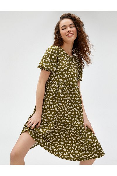 Koton Floral Dress Midi Flounce Crew Neck