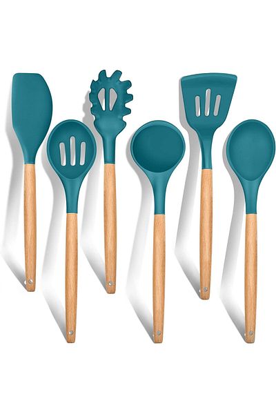 COOYA Cooking Utensils Set of 6, Silicone with Wooden Handle, Non-stick Cookware Friendly & Heat Resistant