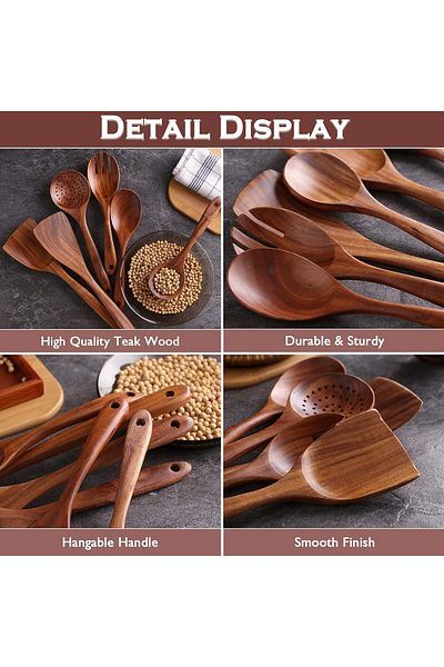 COOYA 6 pcs Wooden Kitchen Utensil Set, Non Stick, Heat-Resistant, Spoons Spatulas and Salad Forks Set