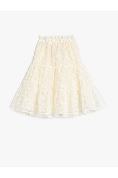 Koton Elastic Waist Lined Layered Midi Lace Tulle Skirt