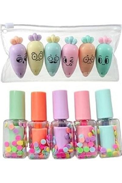 Qedii Carrot and Nail Polish Shaped Highlighter Set, Multicolor Easyso2934 Total 11 Emoji Pen Refillable