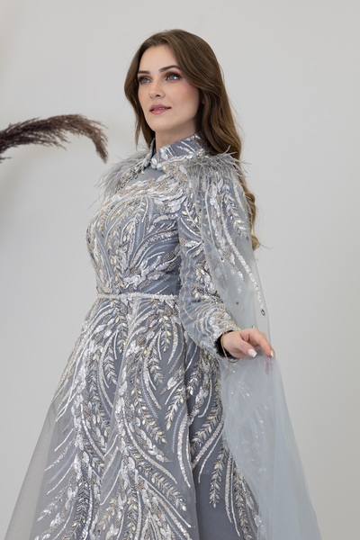 PİENNAR Kayra Evening Dress with Applique Embroidered Cape on the Front