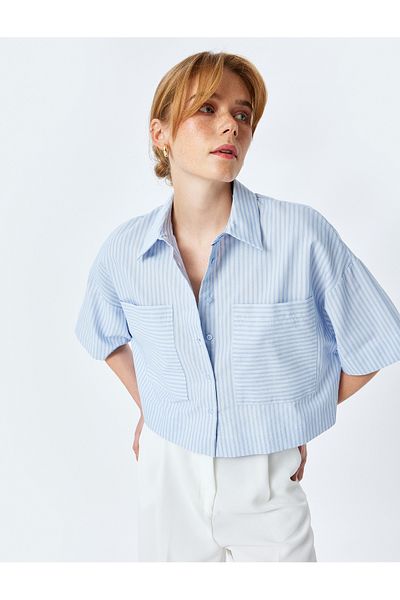 Koton Short Sleeve Oversize Crop Shirt with Applique Pocket Detail