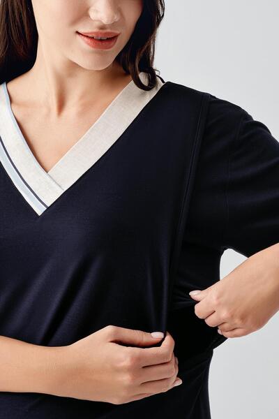 Artış Short Sleeve Striped Stretchy Linen Effect Viscose Maternity Dressing Gown Nightgown Set