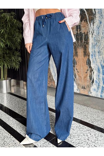Maldia Shop Pantaloni albaștri cu talie înaltă elastică pentru femei
