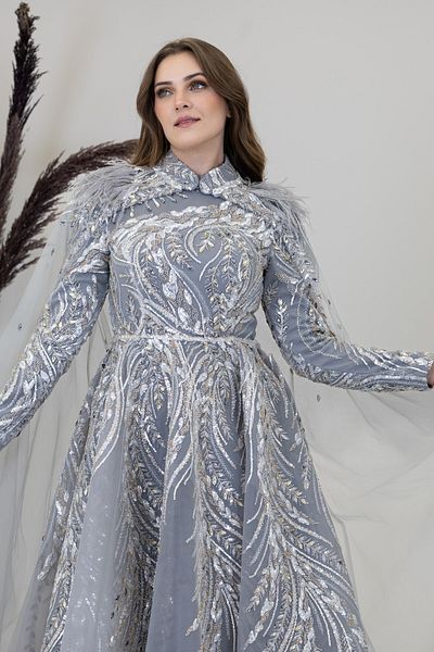PİENNAR Kayra Evening Dress with Applique Embroidered Cape on the Front