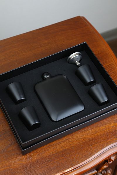 imsaconcept Black Metal Flask Set with 4 Shot Glasses and Funnel 5.oz Anniversary, Gift for Lover