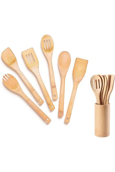 COOYA Bamboo Utensils Set, with Storage Bamboo Barrel, Bamboo Cooking Utensils for Cooking