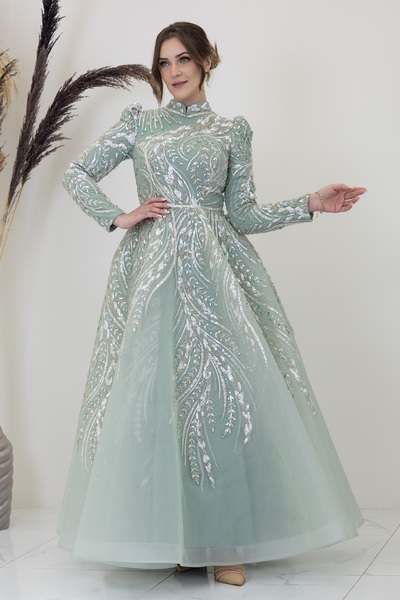 PİENNAR Kayra Evening Dress with Applique Embroidered Cape on the Front