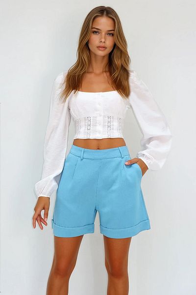 VAGGON Pantaloni scurți de in albastru cu buzunar dublu pentru femei, cu fermoar ascuns, Prmx13767