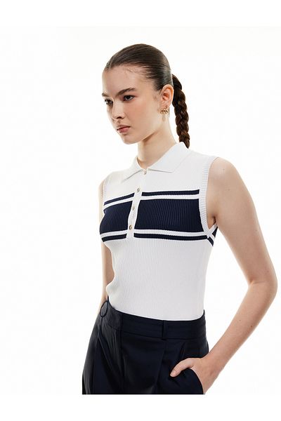 Koton Color Blocked Button Detailed Sleeveless Polo Neck Knitwear Top