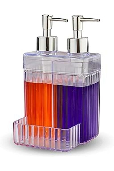 starnewstore Dozator practic de săpun și detergent - 2 compartimente, acrilic transparent, cu rezervor pentru burete, pentru bucătărie și baie